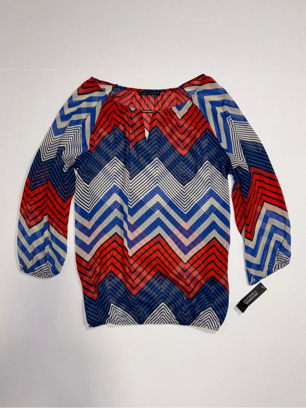 Zac & Rachel XL Chiffon Blouse Keyhole Neck 3/4 Sleeve Geometric Navy Red White